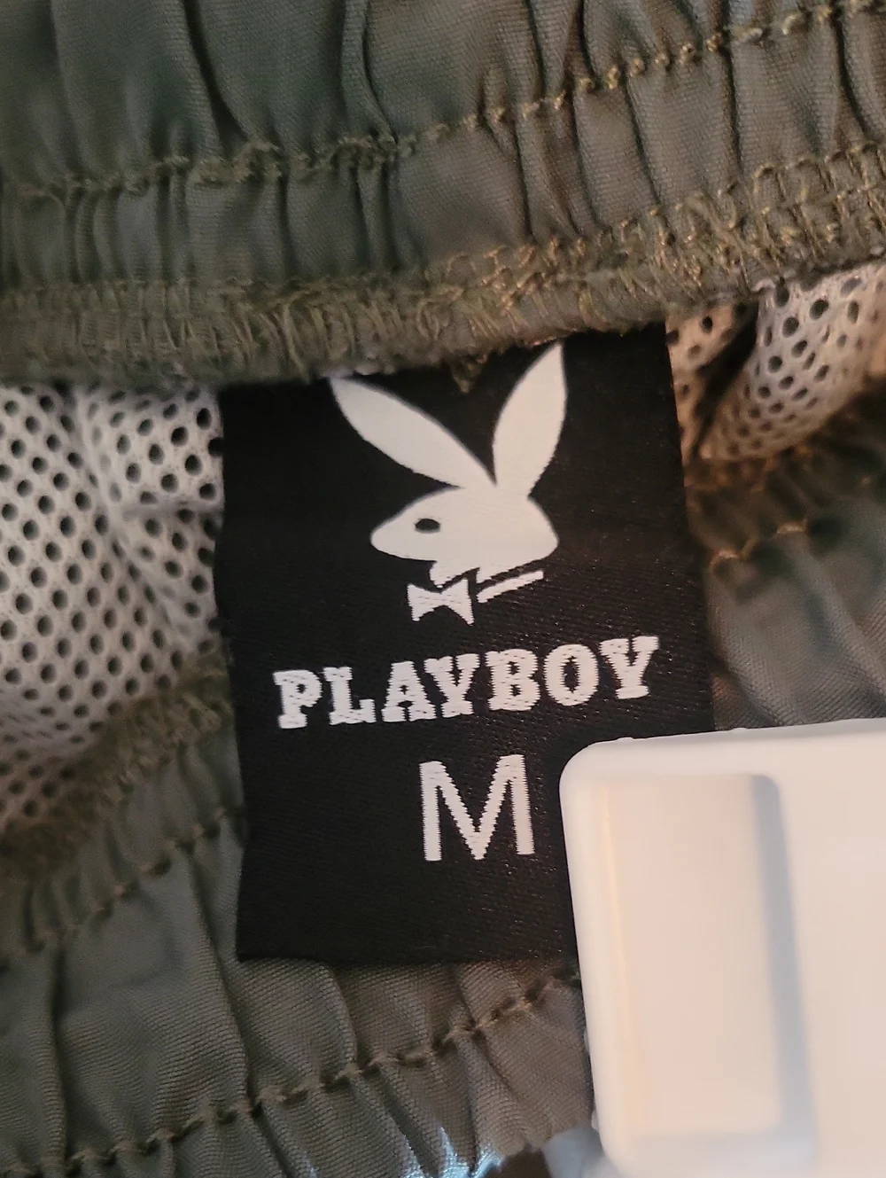 PLAYBOY Olive Gray Swim Shorts with Patch Strips Size M