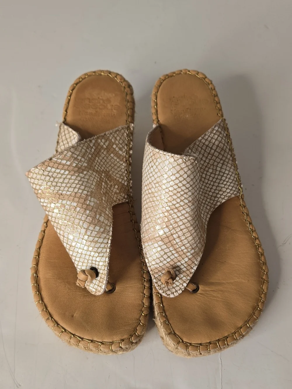 Andre Assous Cream And Gold Snake Print Espadrille Wedge Sandals 39