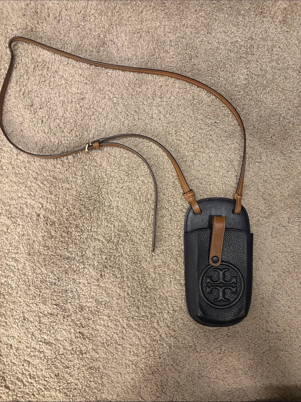 Tory Burch Black Leather Crossbody Phone Pouch with Brown Strap