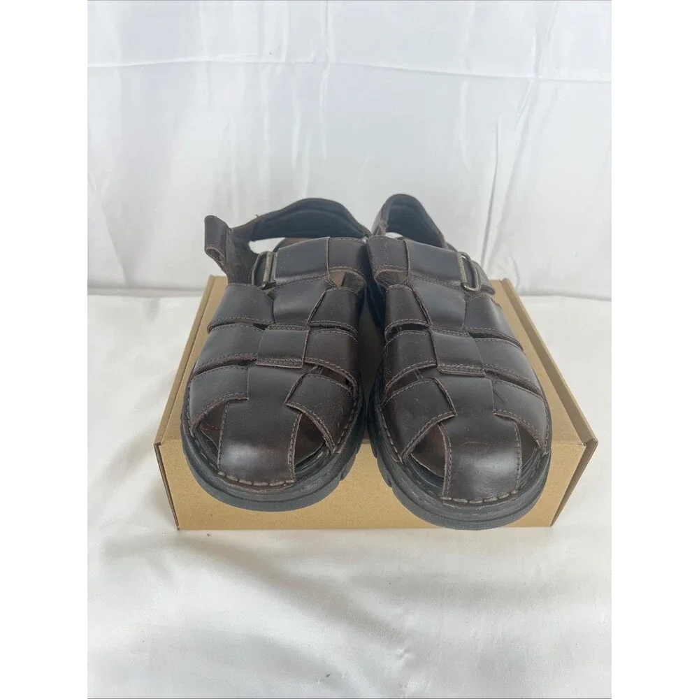 Hunters Bay Men's Brown Leather Fisherman Sandals Shoes Size 12 Hook & Loop