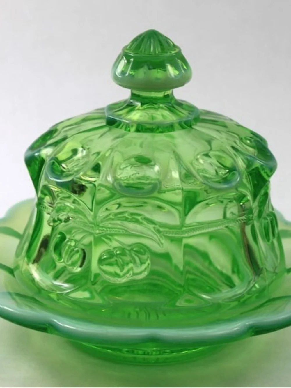 Mosser Glass Cherry Print Vintage Green Glass Covered Butter Dish