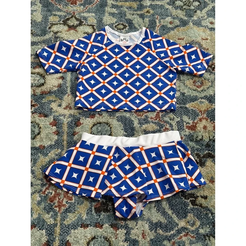 Mia Belle Swimsuit Girls 4T/5Y Blue Orange Geometric Rash Guard Skirt Set EUC‎
