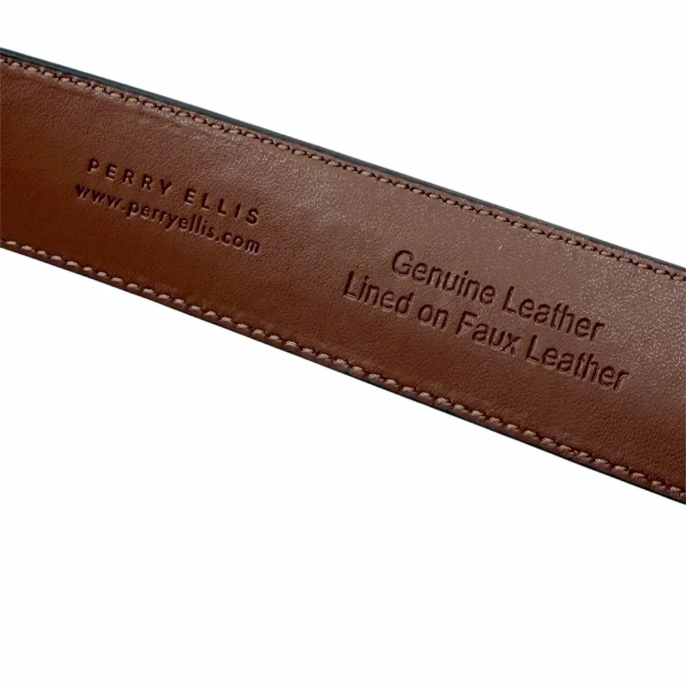 Perry Ellis Portfolio men’s brown leather belt size 42 NWT silver tone buckle