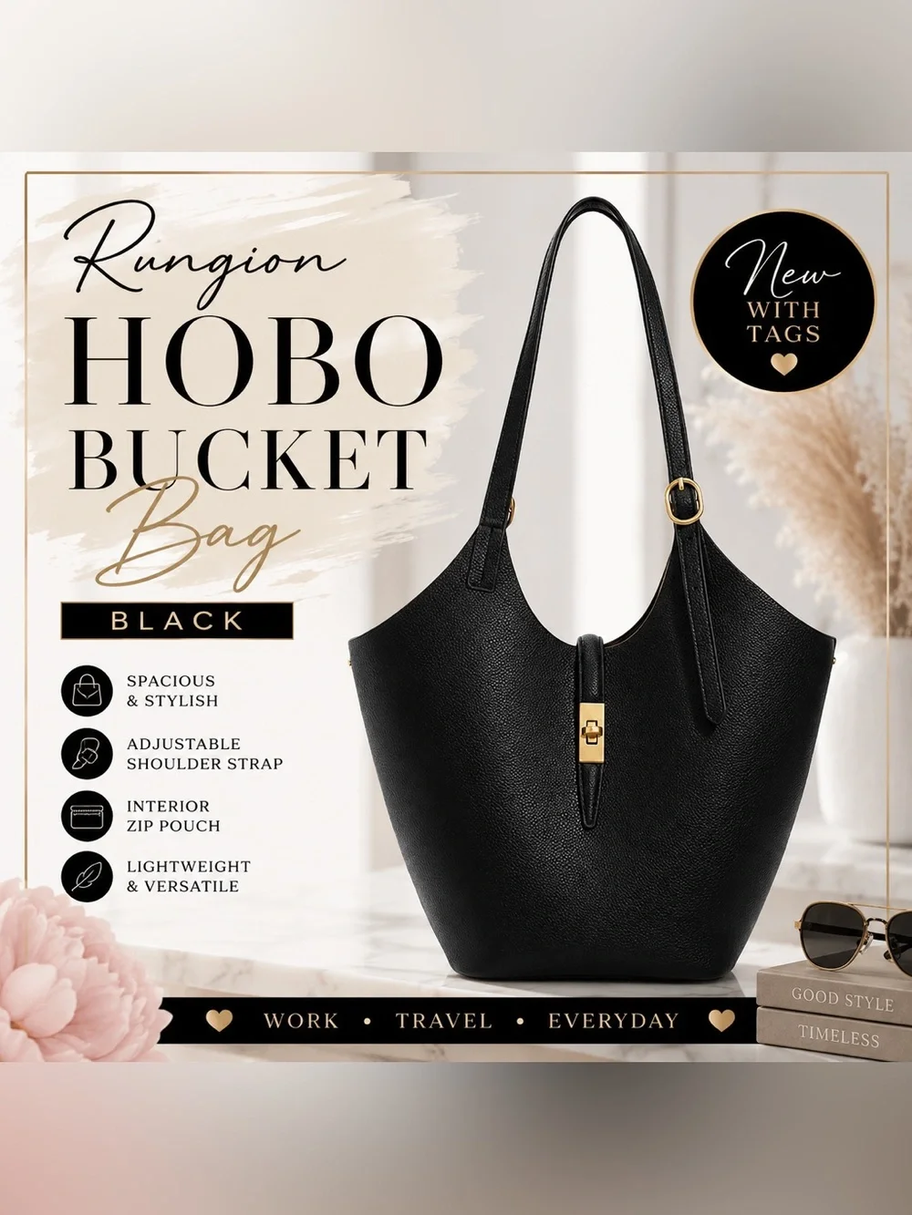 NWT Rungion Black PU Leather Hobo Bucket Bag Gold Hardware