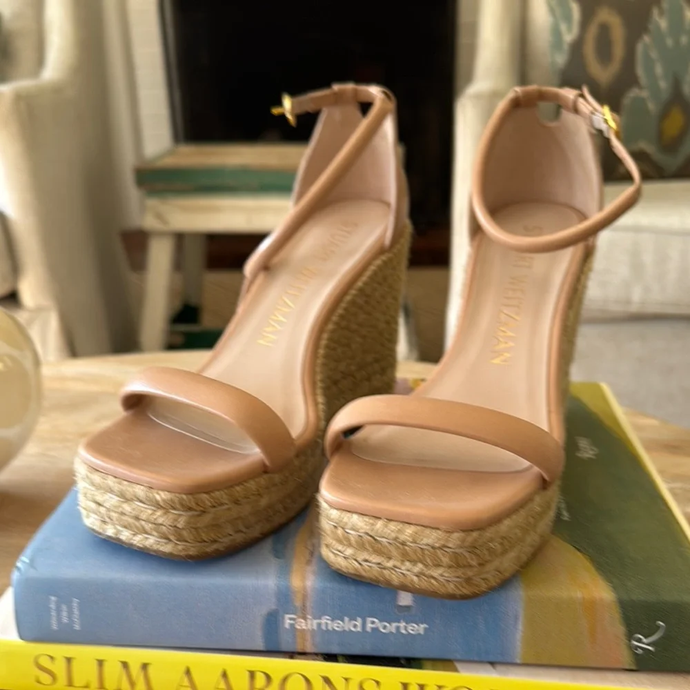 Stuart Weitzman Tan Espadrille Wedge Sandals