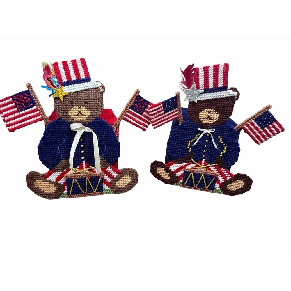 Vintage Handmade Patriotic Teddy Bear Tissue Box Cover USA Flag 4th of July