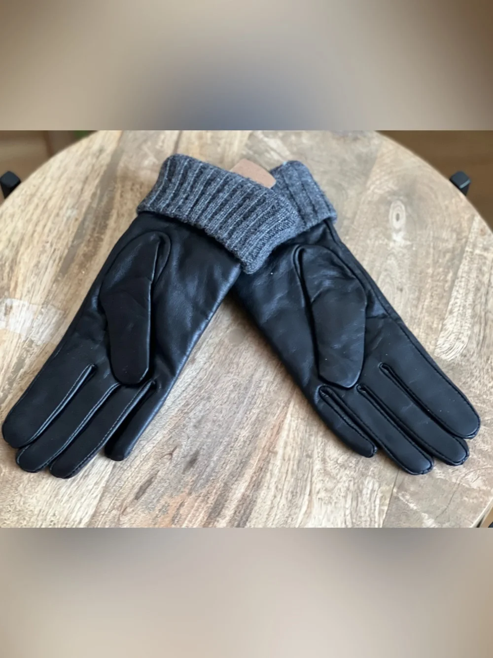 Women’s Black Leather Gloves with Gray Knit Cuff
