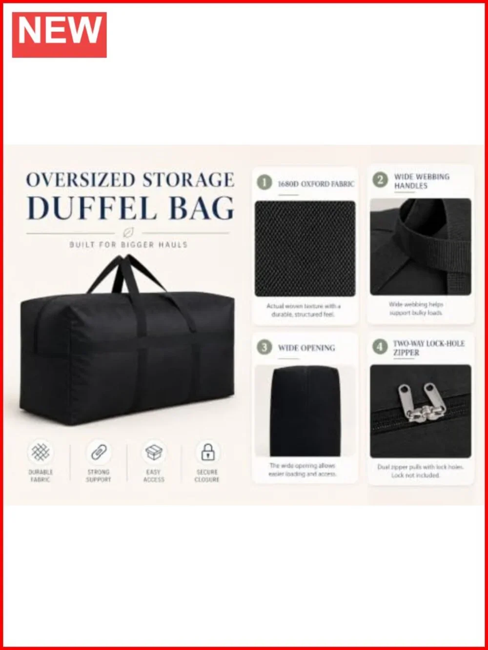 60L Foldable Storage Duffle Bag with Zippers and Handles, Travel Duffle