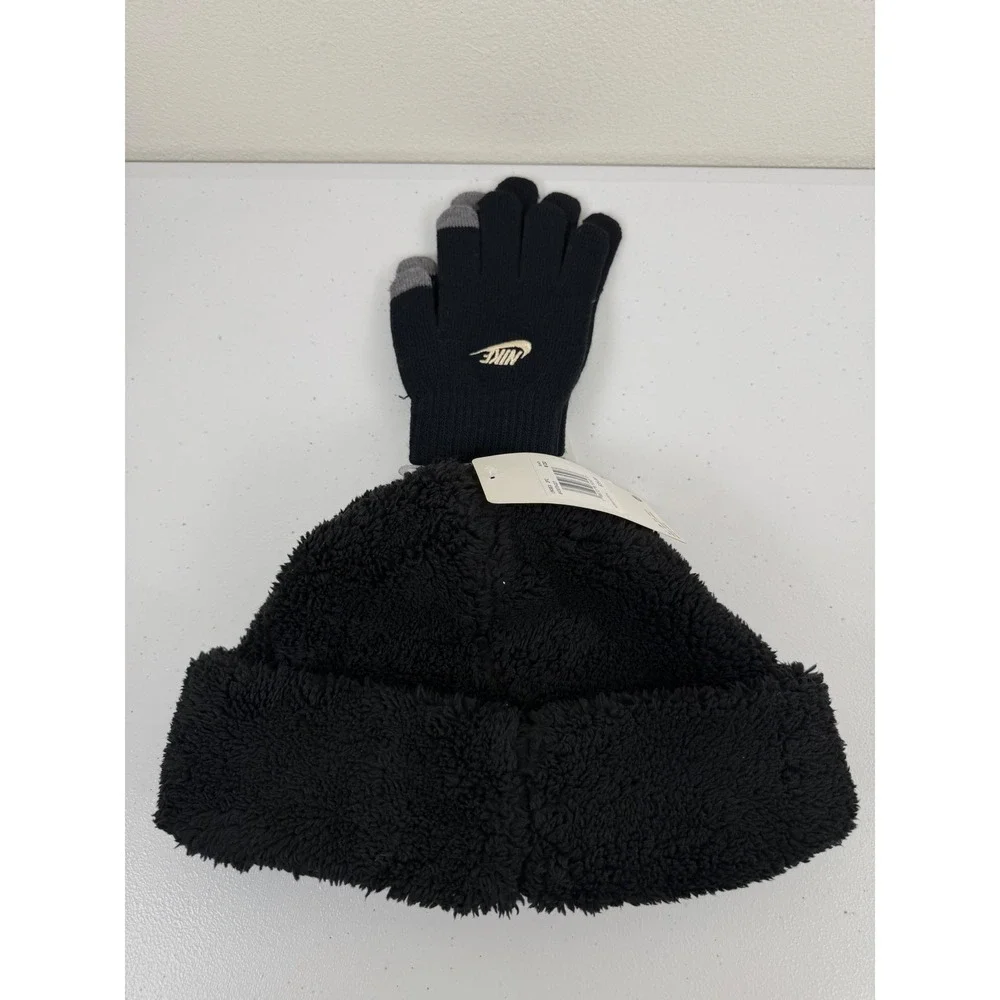 Nike Cozy Peak Kids Black Beanie Hat and Gloves Set Winter Warm‎ Unisex 2 PC SET