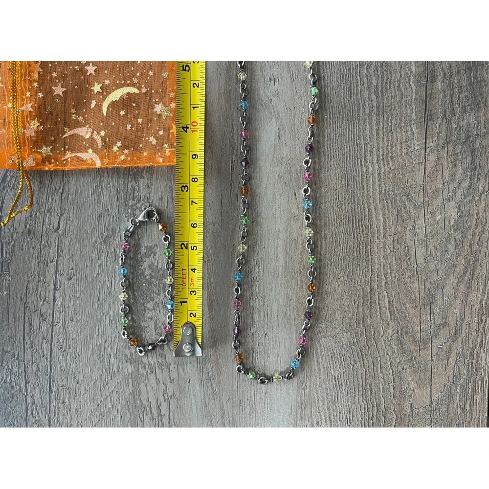 Kids Sterling Silver 925 Italy Rainbow Crystal Necklace and Bracelet Set Multi‎