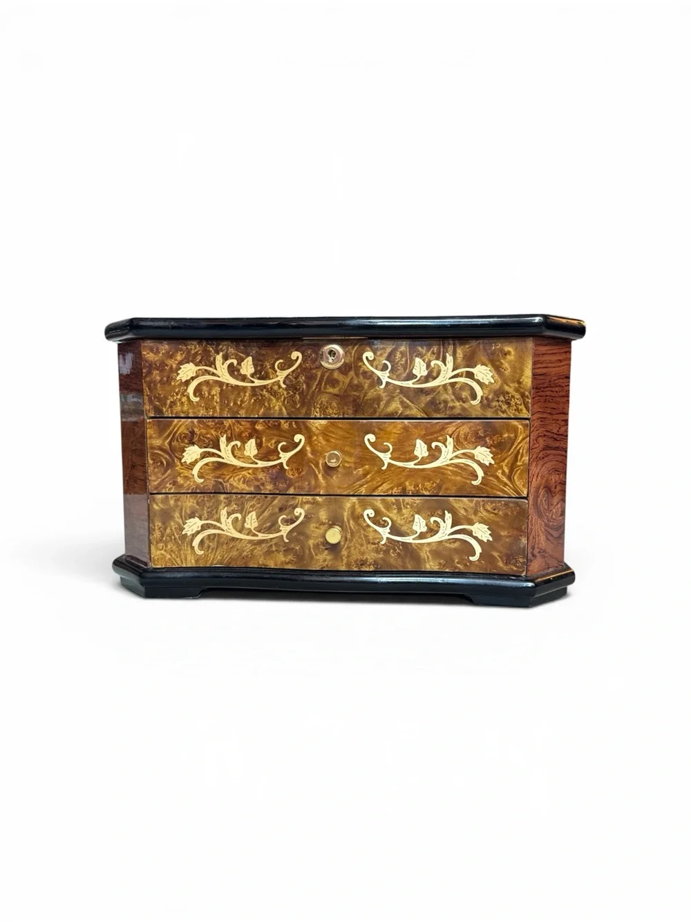 Vintage Italian Inlaid Burl Wood Glossy Jewelry Chest Box Inlayed Burl Wood Box