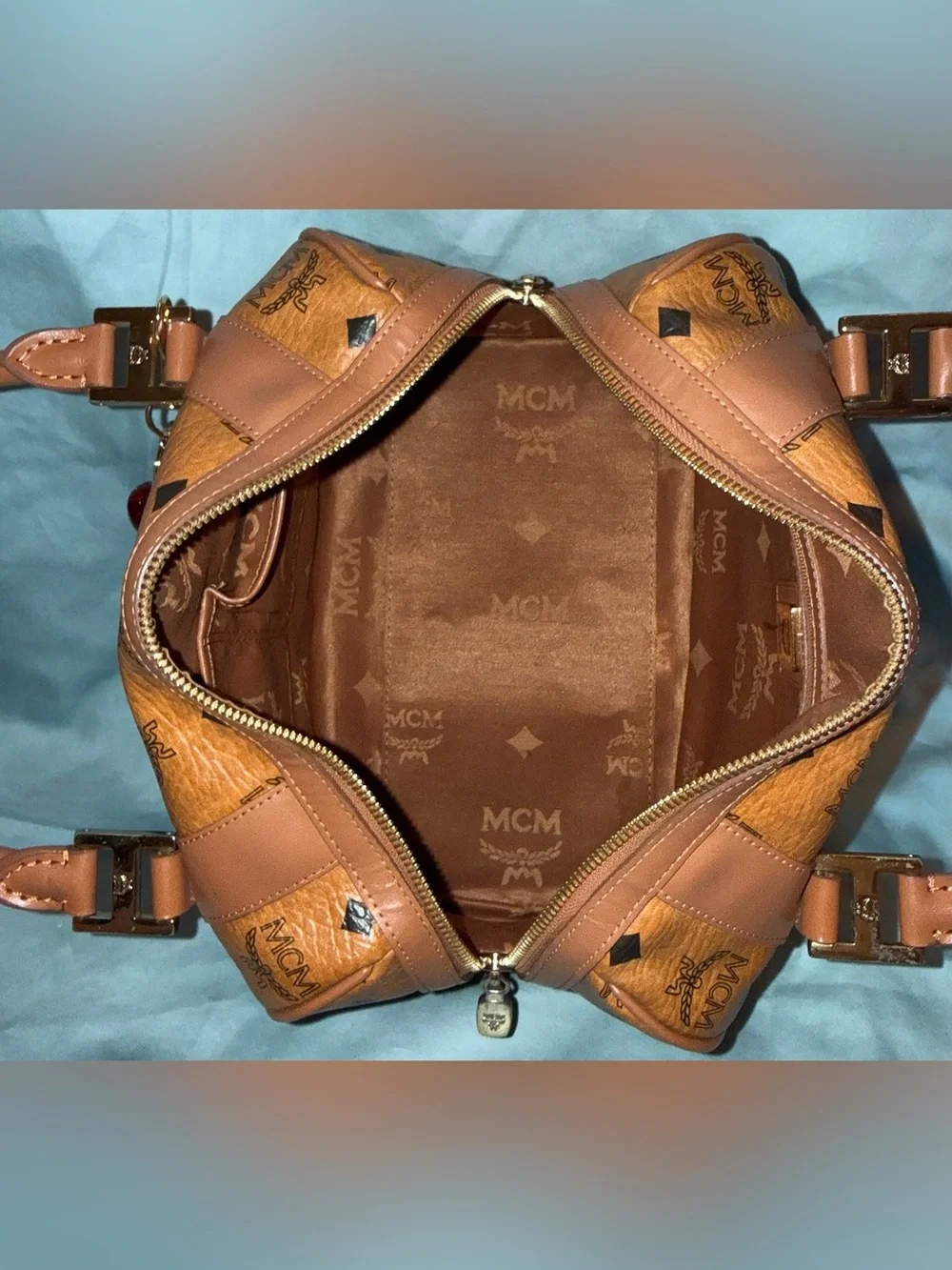 MCM Authentic Cognac Logo Visetos Boston Satchel with Gold Hardware