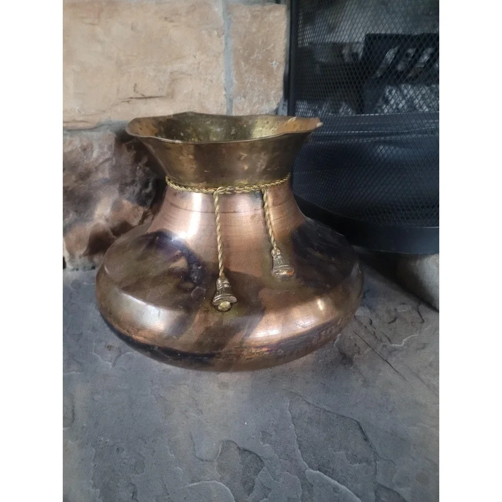 Vintage Copper & Brass‎ Planter Vase Mid Century Hammered Jardiniere Patina
