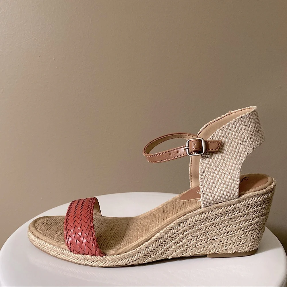 LUCKY BRAND OPEN TOE KAVELLI WEDGE WOVEN ESPADRILLES SANDALS Tan Red 9.5
