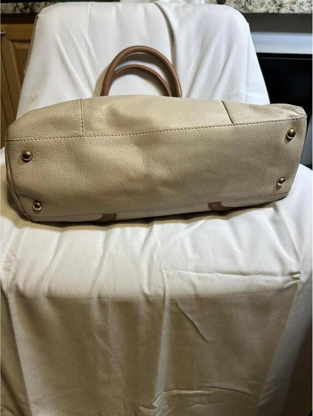 Emma Fox Leather Satchel Cream Tan‎ Turn Lock Top Handle Shoulder Bag