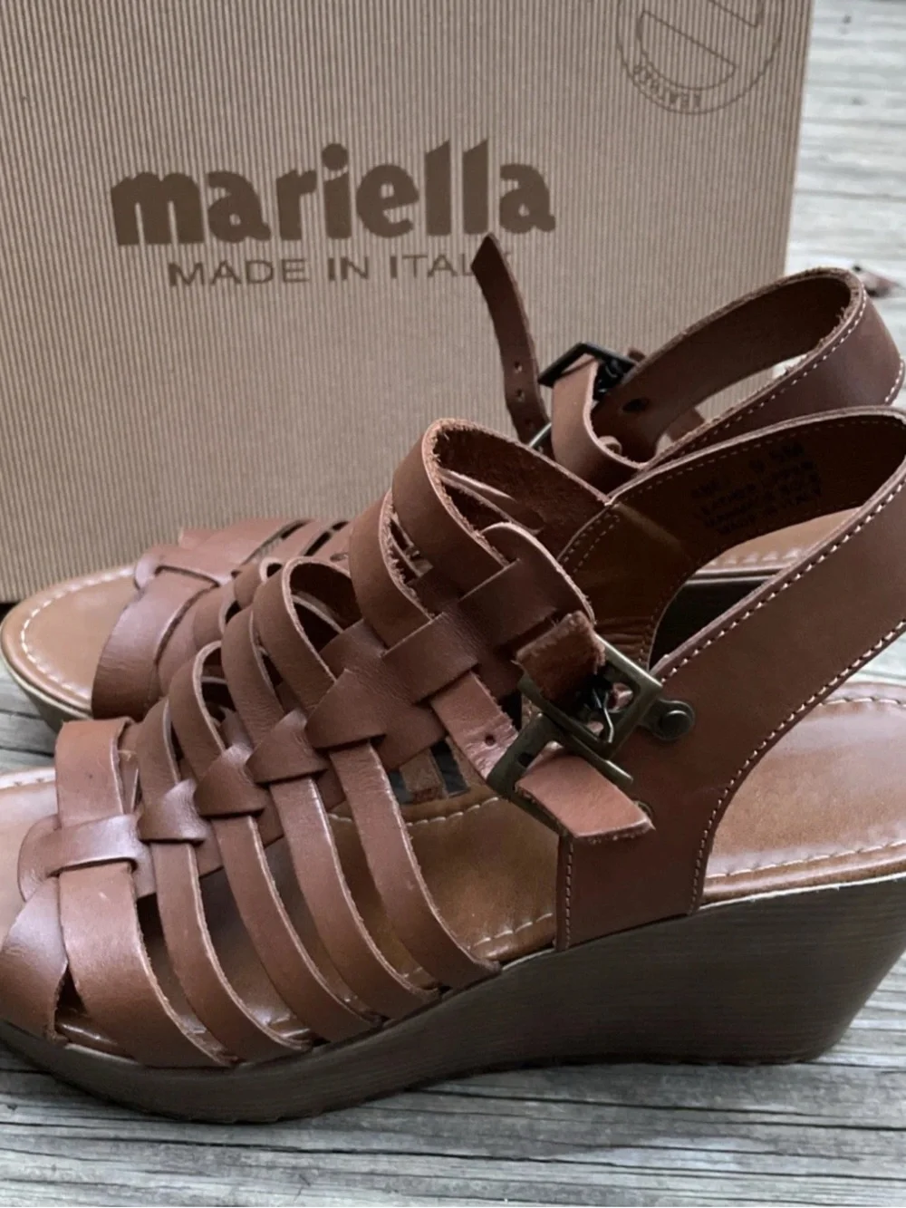 MARIELLA Cognac Brown Strappy Leather Wedge Sandals