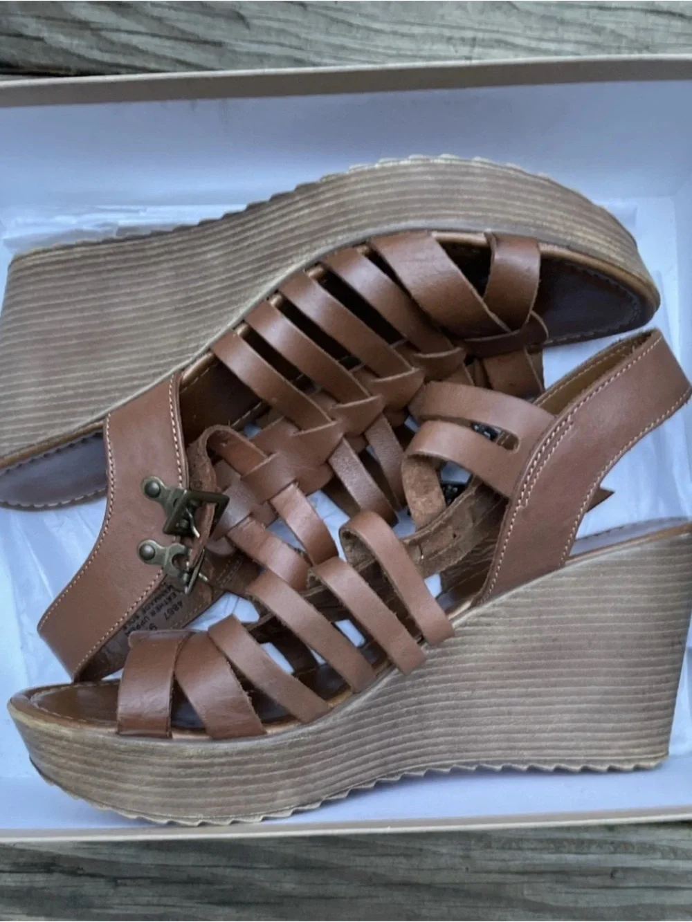 MARIELLA Cognac Brown Strappy Leather Wedge Sandals