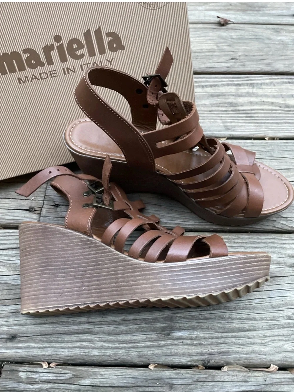 MARIELLA Cognac Brown Strappy Leather Wedge Sandals