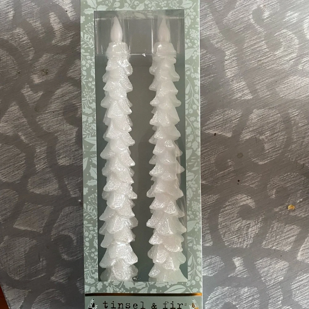 NEW Tinsel and Fir white shimmery flameless‎ taper candle set Christmas tree