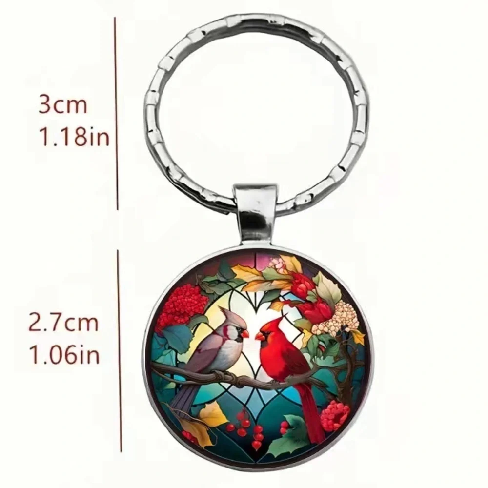 Cardinal Keychain Stained Glass Birds Motif Keyring Pendant Floral Multipurpose