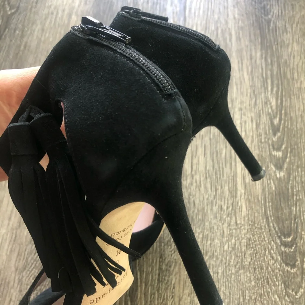 kate spade Black Suede Tassel T-Strap Stiletto Heels