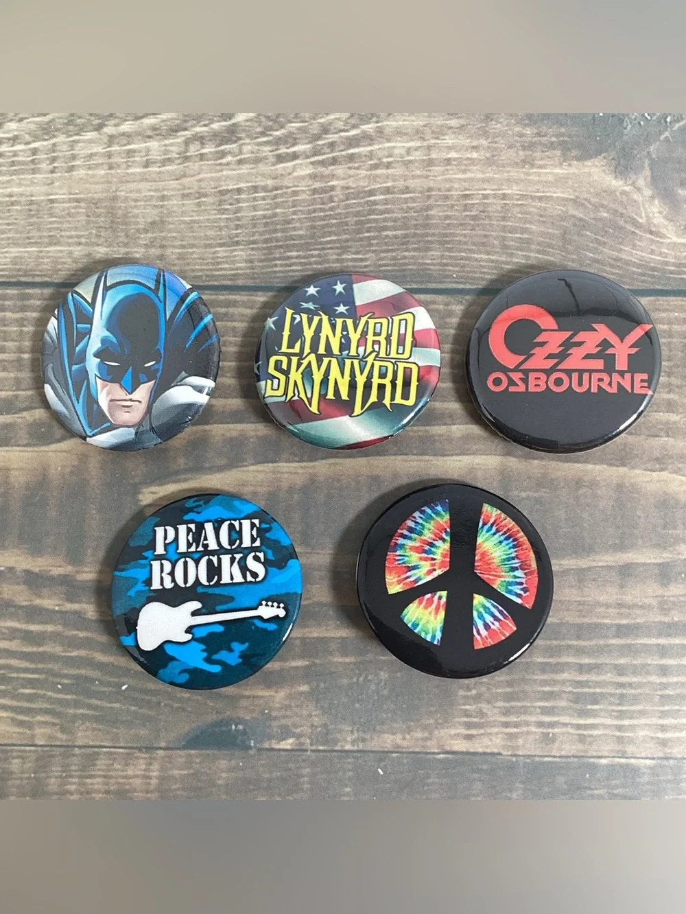 Lot 5 Vintage Pinback Buttons, Ozzy, Lynyrd Skynyrd, Peace, Batman 1.25