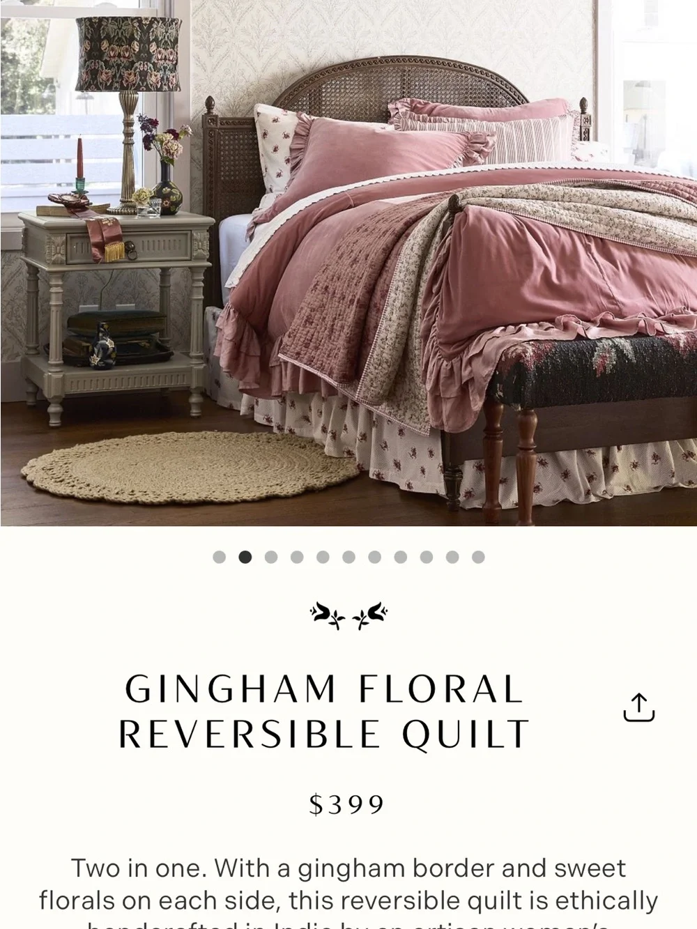 Reversible Floral Quilted Bedspread in Pink and Cream