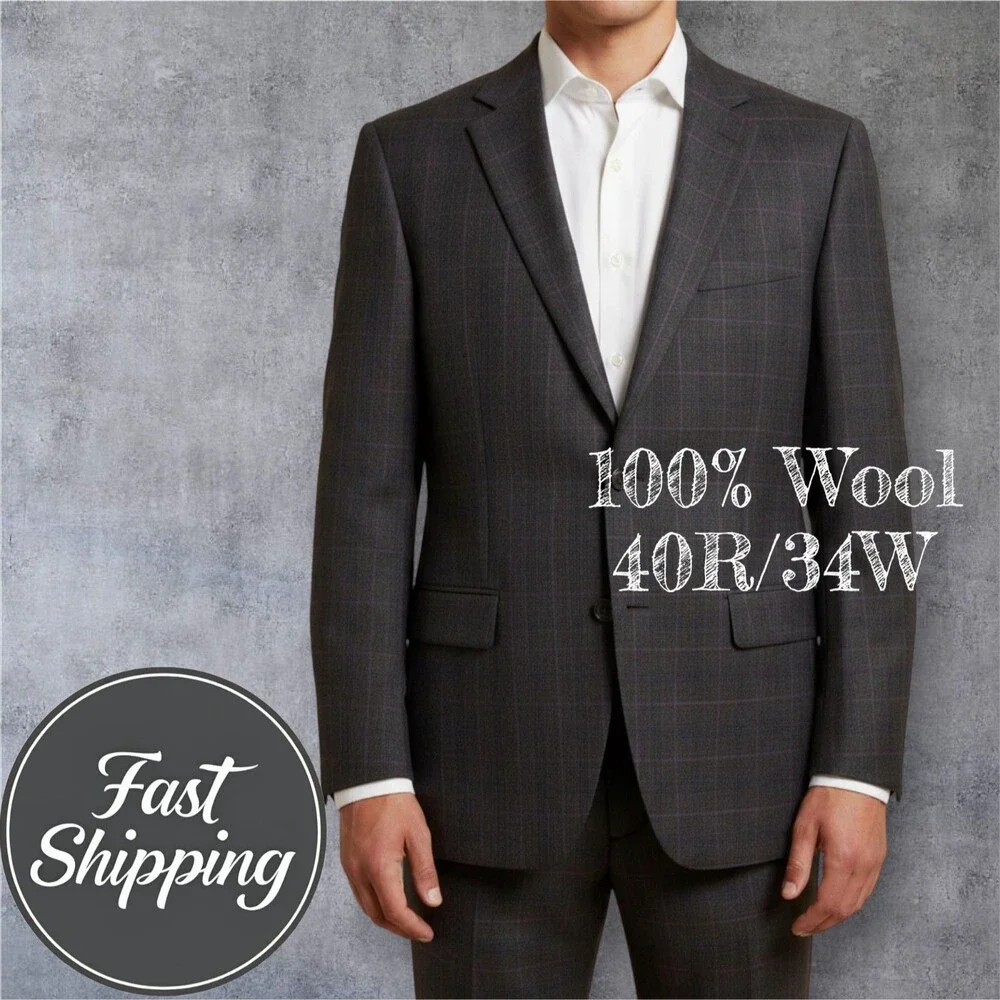 STAFFORD Slim Fit Mens 2 Piece suit Jacket 40R  Pants 34x29 Wool Plaid Brown
