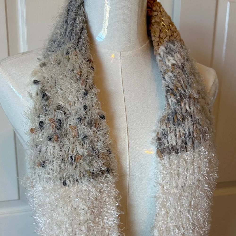Chic Fluffy Textured Infinity Scarf in Gray, Tan and Cream Size OS