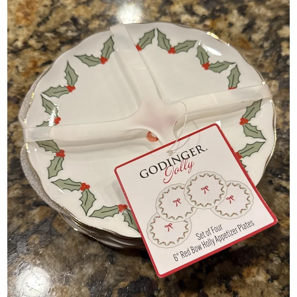 Godinger Jolly Red Bow Holly 6 Inch Appetizer Dessert Plates Set Of 4 NEW‎