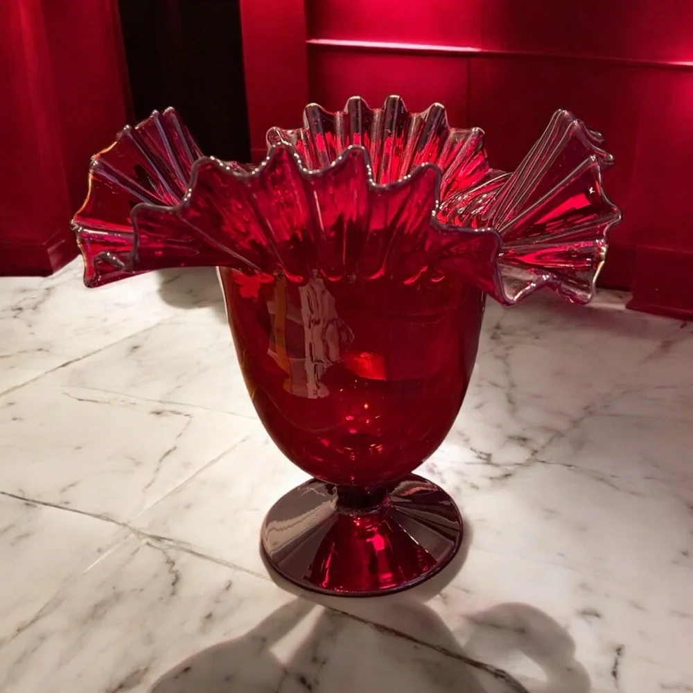 VTG Blenko #388 Ruby Red Art Glass Ruffled Pedestal Vase Mid Century Modern MCM