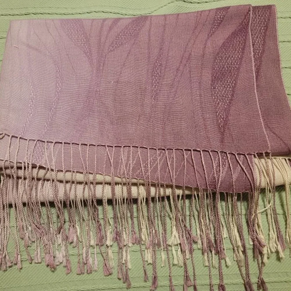 Merino Wool Fashion Scarf (Ivory & Purple) with Tassels (EUC; never worn)