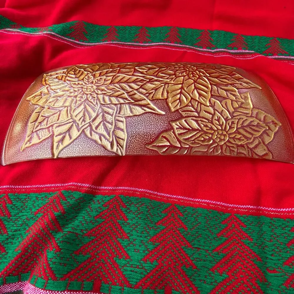 3dglassware Clear Curved Glass‎ Tray w/ Raised Gold Poinsettia MINT COND.