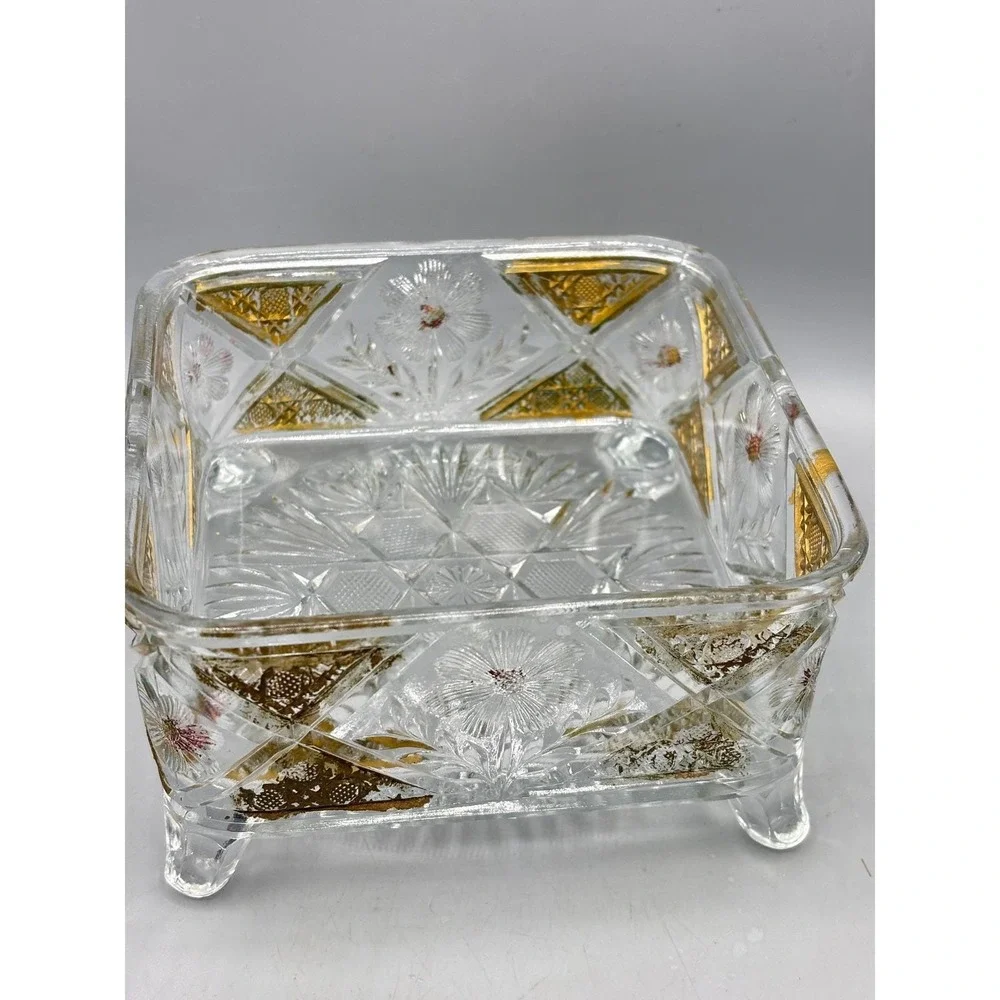Vintage Crystal Glass Candy Dish‎ Footed Gold Gilt Floral Etched Decor