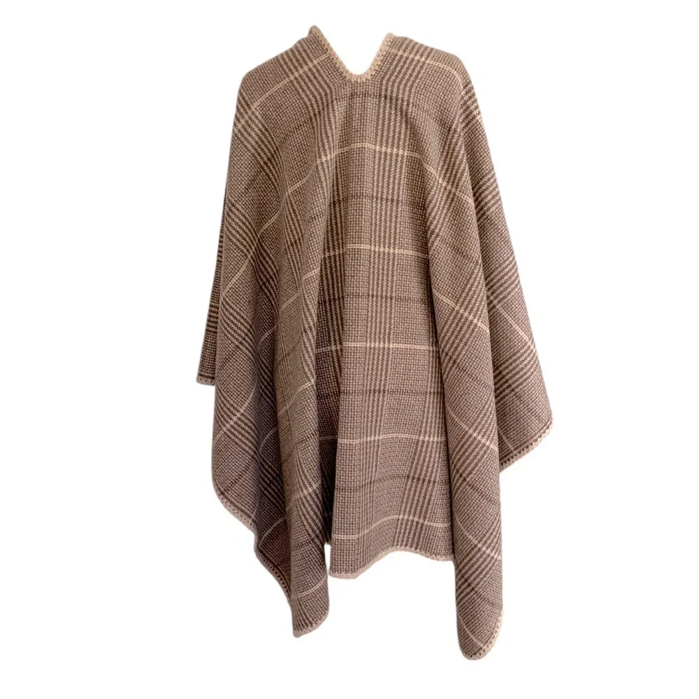 Chic Cozy Soft Neutral Brown Cream Shepard Plaid Cape Blanket Shawl OS