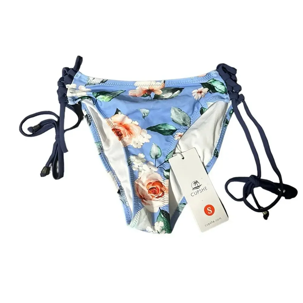 Cupshe NWT Bikini Bottom Girls' Small Blue Pink Floral‎ Print Tie Side Swimwear