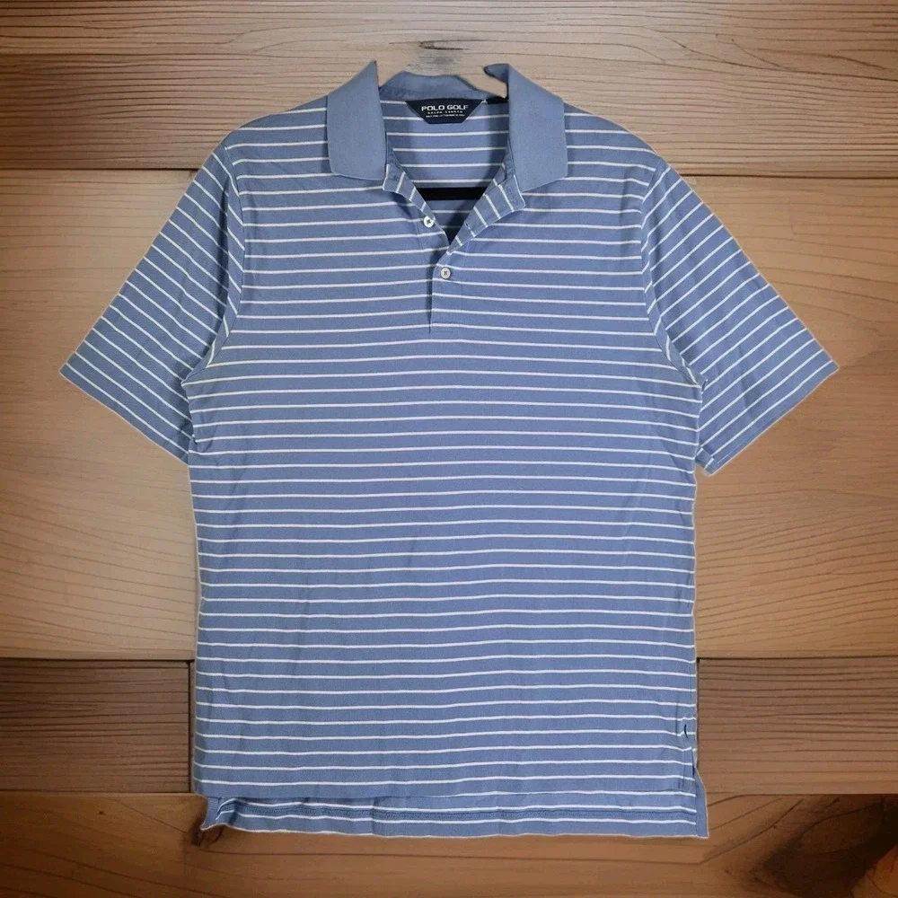 Polo Golf Ralph Lauren Men's Medium Blue White Striped Polo Shirt Short..