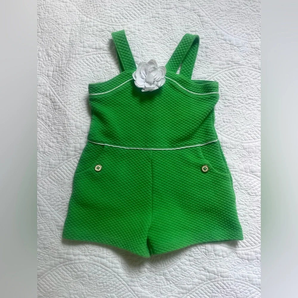 Janie and Jack Girls Romper Outfit One piece green white flower spring 4 4T