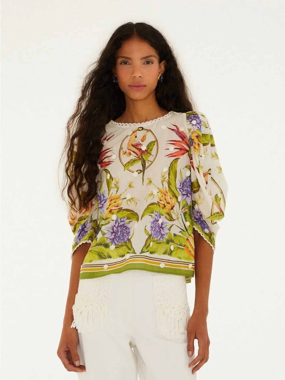 FARM RIO Sand Tropical Scarf Blouse