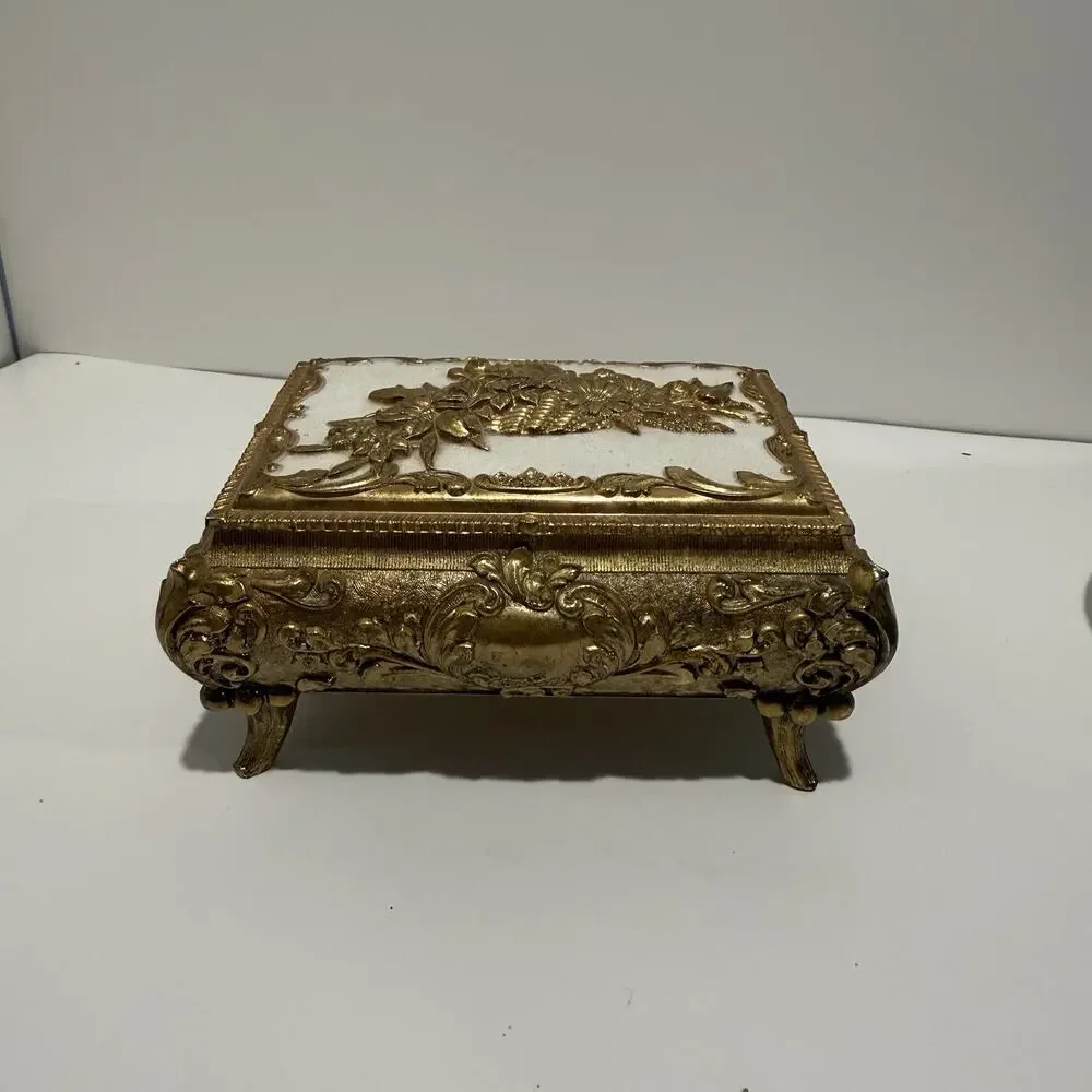 Vintage Brass Floral Inlay Trinket Jewelry Box With Red Velvet Lining Baroque