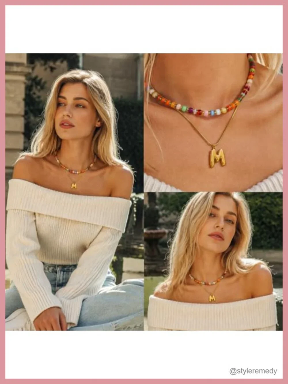 Layered Initial Pendant with Beaded Choker, 14K Gold Plated Acrylic