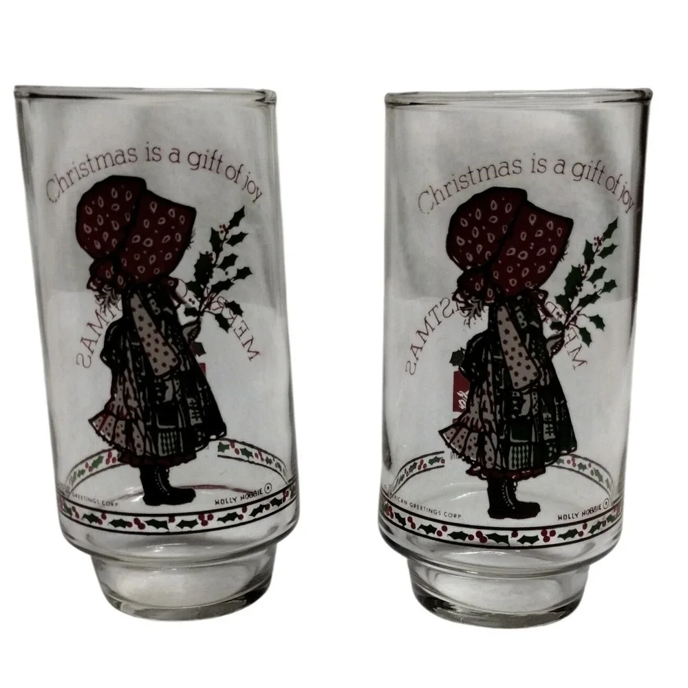 Set of‎ 2 Holly Hobbie Coca-Cola Christmas Glasses 1970s Vintage Limited Edition