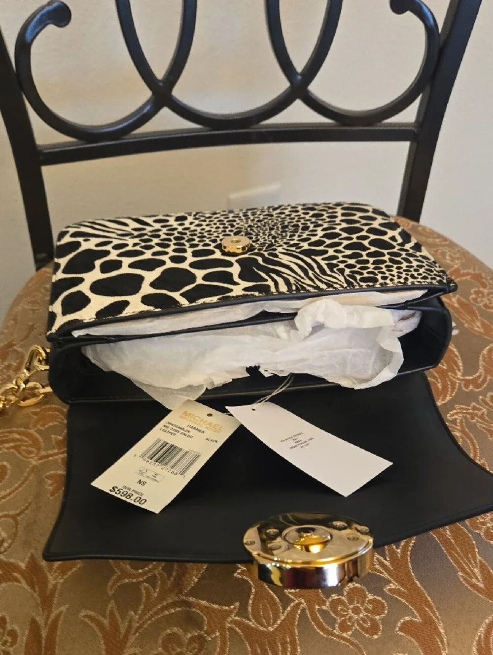 Michael Kors Black and White Animal Print Crossbody with Gold MK Emblem
