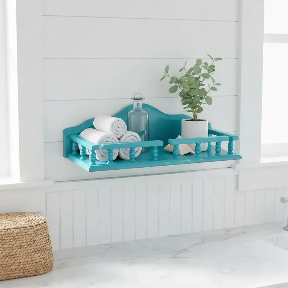 Vintage Teal Wood Wall Shelf-Cottage-Farmhouse Display-Bathroom-Kitchen-Coastal