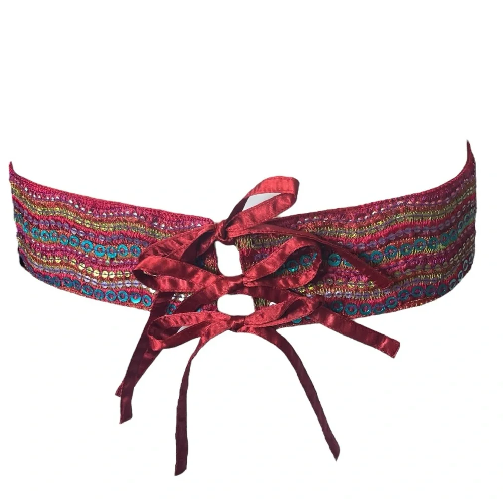 Vintage Sequin Belt Tie Red Blue Bohemian Festival Old Navy Size S/M
