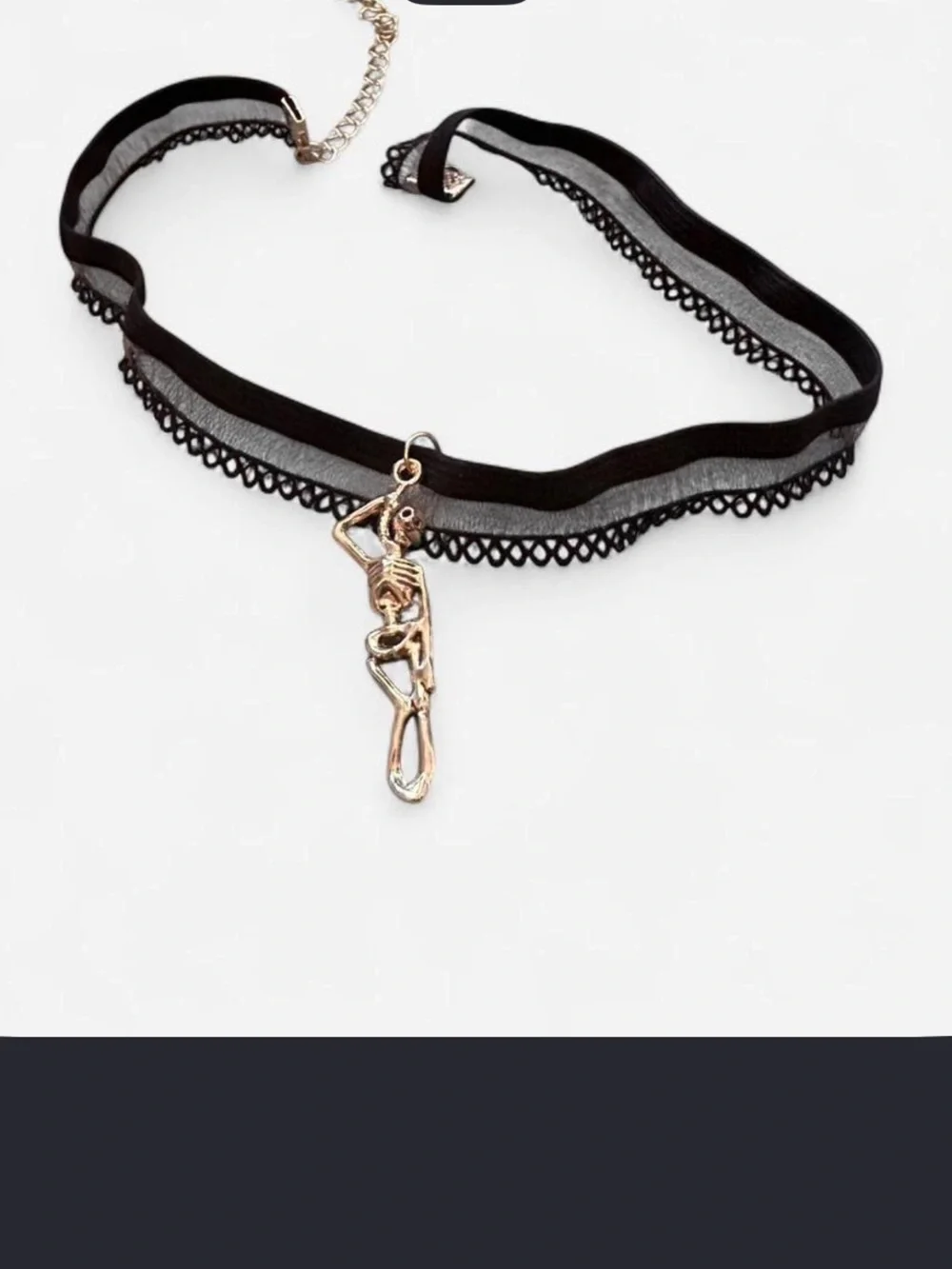Black Lace Choker Necklace with Gold Skeleton Charm - Women Accessories