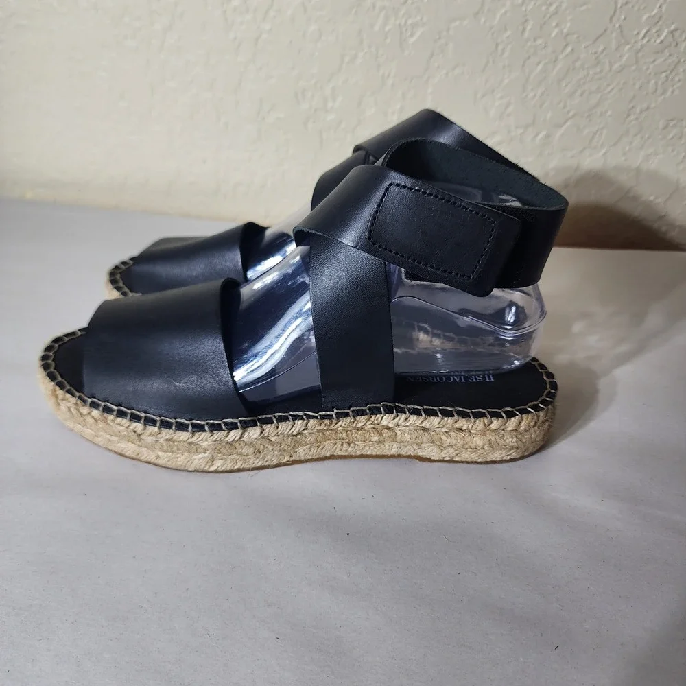 Ilse Jacobsen Hornbaek Black Leather Espadrille Sandals Made in Spain Size 39