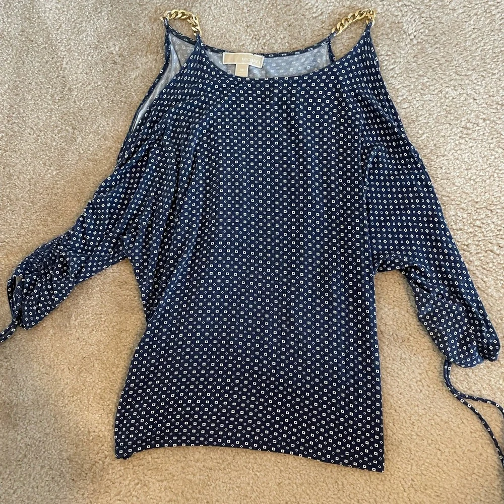 Michael Kors Blue White Gold Chain Cold Shoulder Long-sleeve Top
