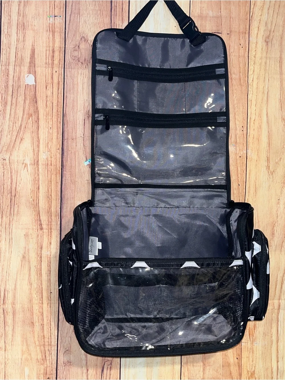 Thirty-One Deluxe Hanging Cosmetic Bag Travel Toiletry Big Dots Black & White