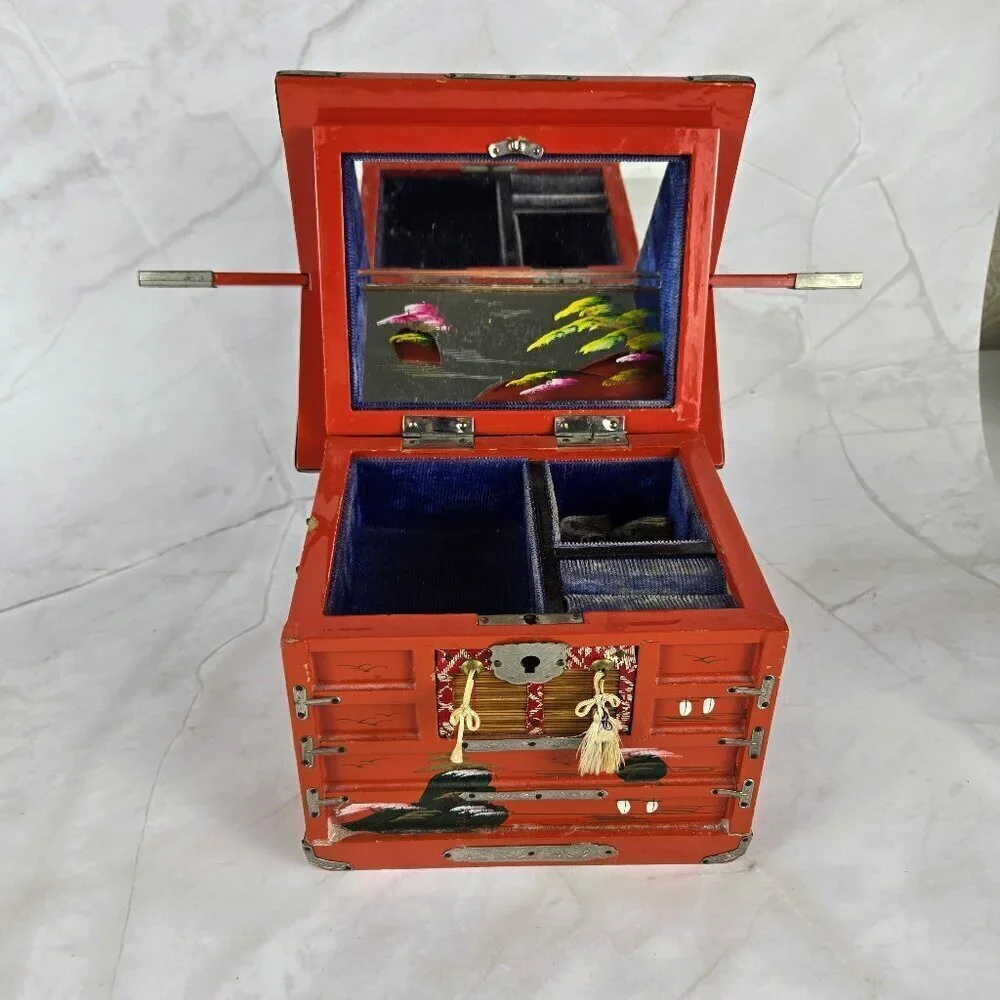 Vintage Japanese Hand Painted Jewelry Box Hinged Lid Side Drawer Wooden